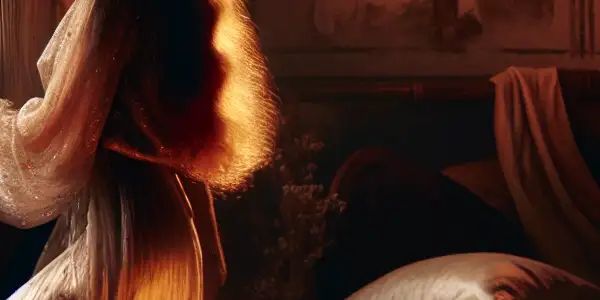 A passionate couple embraces in a dimly lit, luxurious room, surrounded by romantic decor and soft lighting.