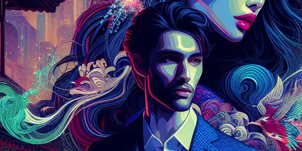 A stylish young couple in a neon-lit urban setting, embodying romance and desire, surrounded by elements of Japanese erotic cinema.