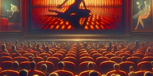 A vintage cinema interior with a diverse audience captivated by abstract, suggestive silhouettes on the screen.