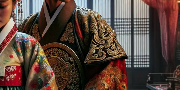 A noblewoman and scholar share a secret romantic moment in a Goryeo dynasty palace, surrounded by cherry blossoms and candlelight.