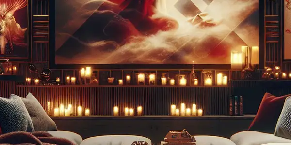 A luxurious home theater setting with plush seating, ambient lighting, and a large screen hinting at romance.