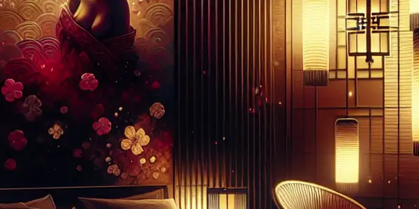 A cozy, modern bedroom with ambient lighting, cherry blossoms, and subtle hints of intimacy and Japanese culture.