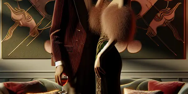 A couple shares an intimate moment in an elegantly designed room with romantic lighting and luxurious decor.