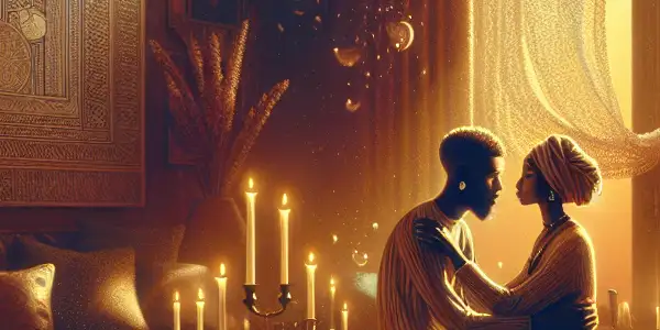 A cozy room with two figures sharing a tender embrace, surrounded by warm lighting and romantic details.