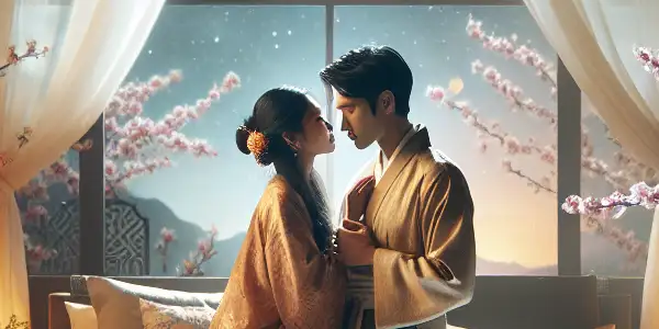 A romantic couple embraces in a softly lit bedroom, surrounded by elegant decor and a starry night backdrop.