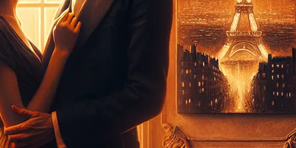 A romantic couple embraces in a warmly lit Parisian apartment, surrounded by intimate decor and a view of the Eiffel Tower.
