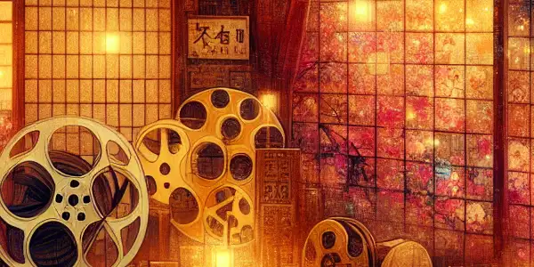 A cozy Japanese film set featuring traditional elements, glowing screens, and an iconic actress, embodying erotic cinema's allure.