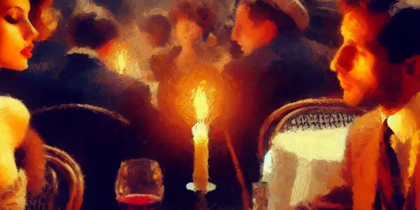 A couple shares an intimate conversation in a dimly lit Parisian café, surrounded by romance and desire.