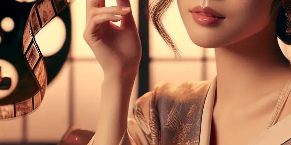 A confident Japanese AV actress in elegant attire, set in a stylish studio with ambient lighting and artistic decor.