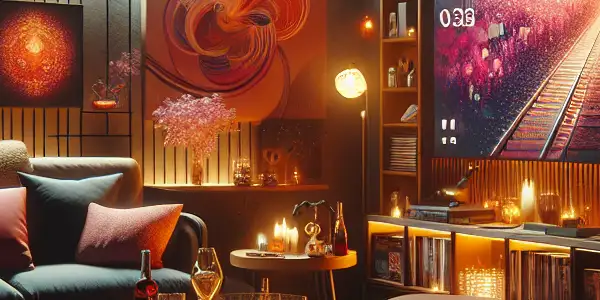 A cozy, dimly lit room filled with adult entertainment materials, plush furniture, and a modern TV displaying engaging scenes.