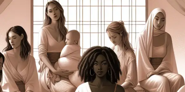 A serene room with women engaged in a nurturing breast massage, surrounded by soft lighting and natural elements.