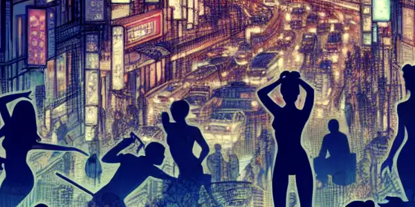 A vibrant Tokyo nightlife scene depicting diverse silhouettes exploring desires amidst symbols of adult entertainment and cultural motifs.