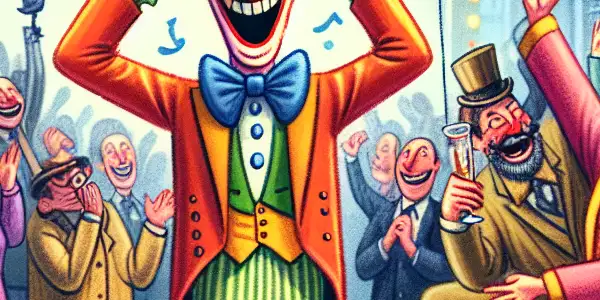 A whimsical celebration with caricatured characters joyfully marking a nonsensical achievement in a vibrant party setting.