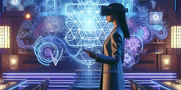 A futuristic virtual reality lounge with a stylish individual in a VR headset, surrounded by abstract 3D graphics and ambient lighting.