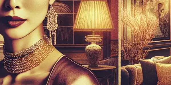 A confident female protagonist in a luxurious, softly lit room, exuding allure and elegance.