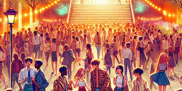 A lively campus night party with young adults dancing and laughing under colorful lights in a vibrant courtyard.