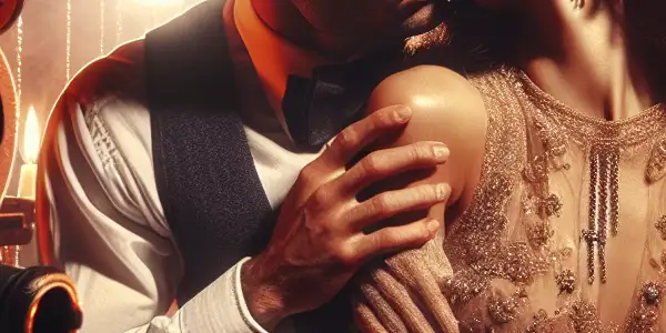 A dramatic embrace between two stylish actors on a glamorous film set, evoking passion and intense emotion.