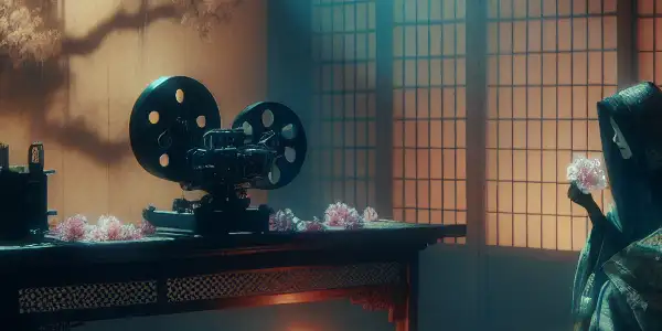 A dimly lit room with shoji screens, a vintage projector, and a figure in traditional attire reflecting on erotic film imagery.