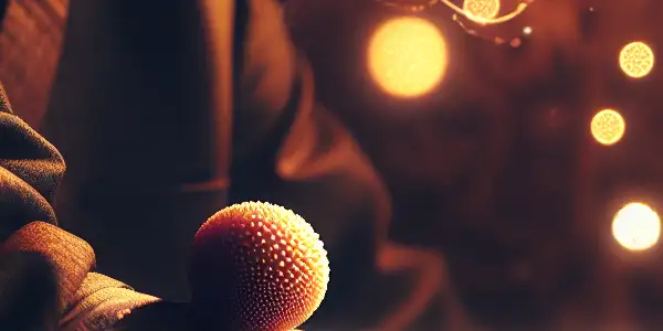 A close-up of an elegant human arm with a textured bump, surrounded by glowing orbs and floral motifs.