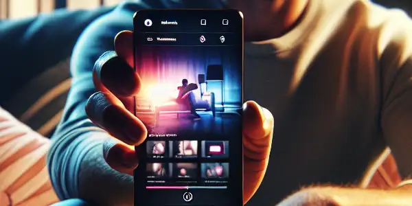 A cozy living room scene featuring a person relaxing on a sofa, watching a video on their smartphone.