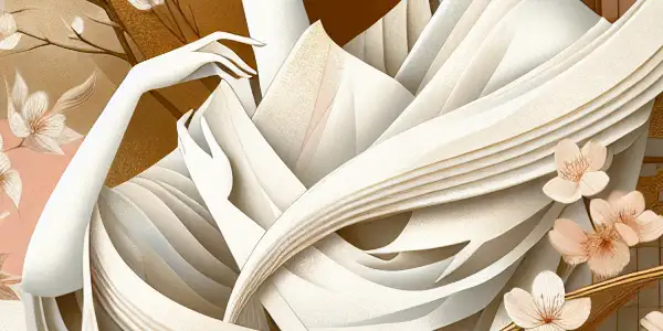 Two elegant figures in a passionate embrace, set in a softly lit, intimate Japanese room with cherry blossom accents.