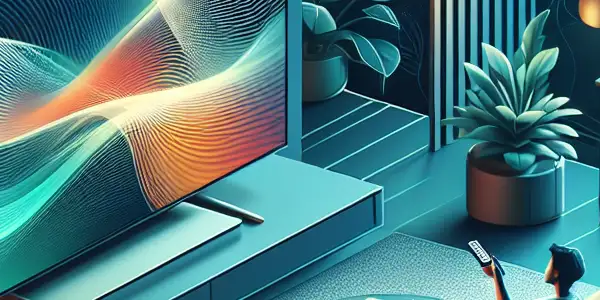 A cozy modern living room with a person relaxing on a sofa, watching abstract visuals on a large TV.