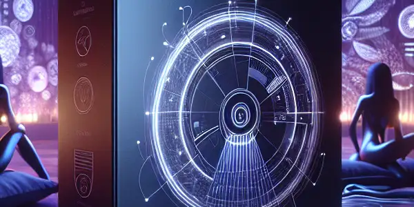 A sleek, discreet package for adult films, surrounded by flowing lines and soft ambient lighting, conveying privacy and comfort.