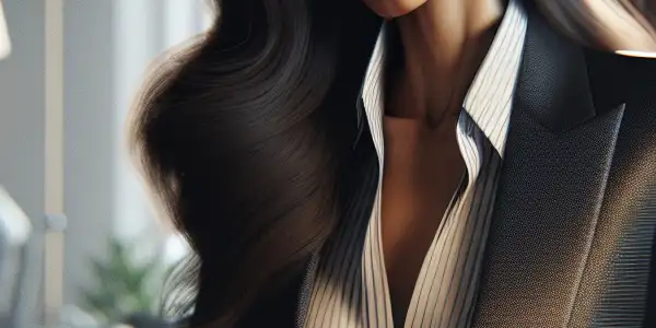 A confident female secretary in a stylish office, blending professionalism and allure with advanced technology and soft lighting.