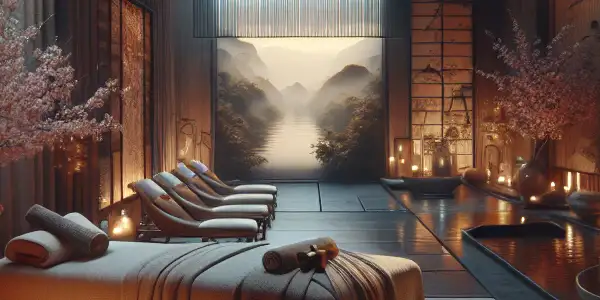 A luxurious Japanese spa room featuring a massage table, candles, and a screen displaying a serene AV film.