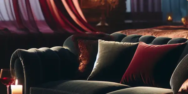 A luxurious, intimate room featuring a plush velvet sofa, romantic bed, and ambient candlelight.