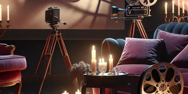 A cozy, softly lit room with plush furniture, vintage film elements, and a romantic, intimate atmosphere.