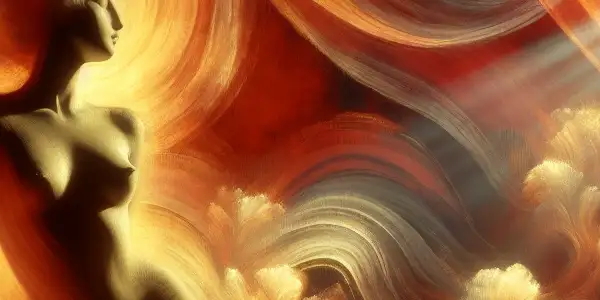 A sensual, intimate scene featuring a classical figure surrounded by swirling colors, evoking desire and the fusion of poetry and film.