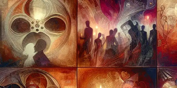 A dimly lit room with plush furnishings, candles, and abstract representations of passionate adult entertainment.