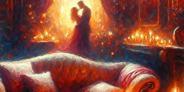 An intimate room with soft lighting, a couple embracing, rose petals, and a glass of wine, evoking passion.