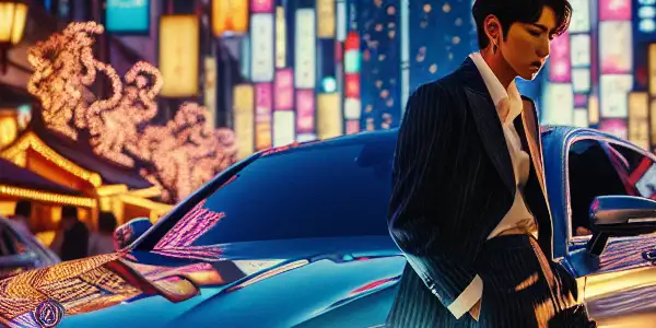 A glamorous urban scene at twilight featuring a stylish Korean star with luxury Mercedes-Benz cars and subtle Japanese elements.