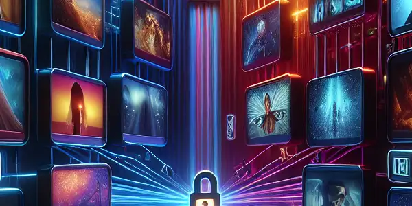 A futuristic user interface showcasing diverse adult video thumbnails with themes of privacy and security.