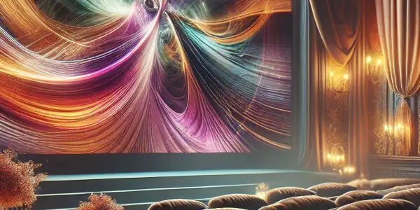 A luxurious, dimly-lit room with vintage film reels, modern devices, and romantic decor, evoking adult entertainment's allure.