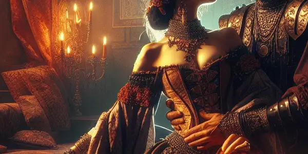 A passionate embrace between two characters in a lavish medieval chamber, filled with opulence and emotional tension.