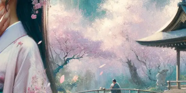 A romantic couple shares an intimate moment in a serene Japanese garden during cherry blossom season.