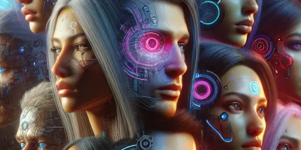 A vibrant futuristic game environment featuring diverse characters engaged in interactive storytelling and sensual experiences.