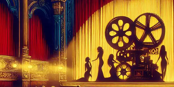 A vintage movie theater scene with couples engrossed in a suspenseful erotic film, illuminated by rich, dramatic colors.<a href=