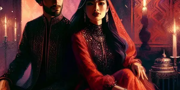 A dimly lit room with two figures in an intimate pose, surrounded by luxurious fabrics and romantic elements.